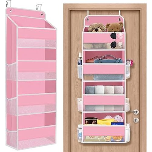 1 Pack Over The Door Organizer Hanging Storage Organizers with Clear Window 40lb Large Capacity Room Organizer for Pantry Laundry Bathroom Nursery Closet(Pink)