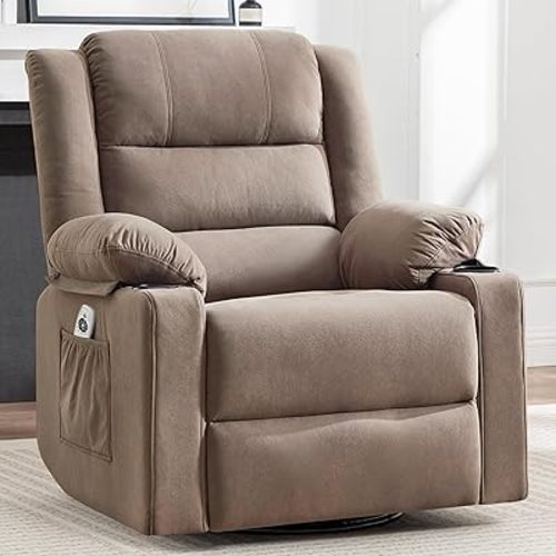 Swivel Rocking Recliner Chair with Massage and Heat,Oversized Glider Rocker Recliner for Adults, Upholstered Fabric Reclining Single Sofa Chair for Living Room,Nursery (Mocha Fabric)