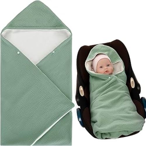 Soft Muslin Cotton Car Seat Blankets for Baby Winter Baby Carseat Swaddle Blanket Car Seat Cover Stroller Bunting Bag with Warm Sherpa Lining for Infant Boys Girls Winter Essential, Sage