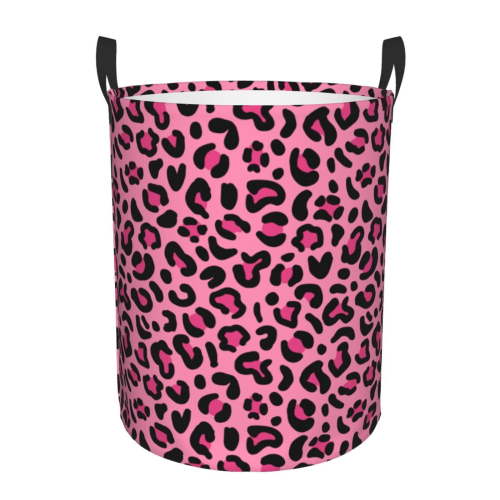 Large Laundry Basket with Handles - pink cute Leopard print Kids Baby Dirty Clothes Laundry Hamper for Bedroom Aesthetic