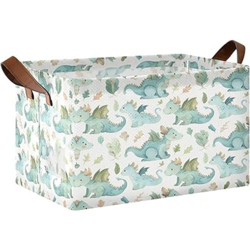 Cute Dragons Rectangle Storage Basket Waterproof Foldable Kid Toy Box with Handles for Shelves Closet Office