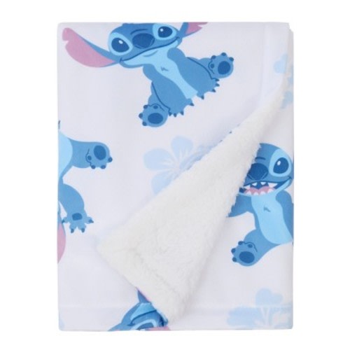 NoJo Disney Stitch Cuddly Plush Baby Blanket, Blue, Pink, and White