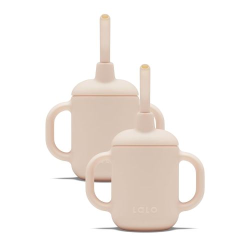 Lalo Little Cup 2-Pack, Non-Toxic Silicone Straw Cup with Handles - Baby and Toddler Sippy Cup - Mini Cup and Straw Training System, 4oz, Grapefruit