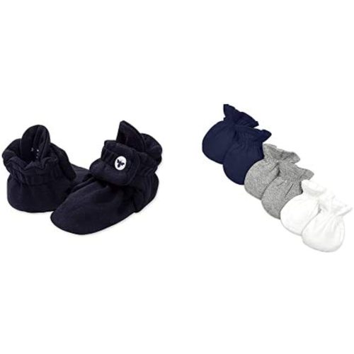 Burt's Bees Baby - Baby Boys Mittens & Booties Set - Newborn Essentials, Midnight Blue, 3-PK Mitts and 0-3M Booties