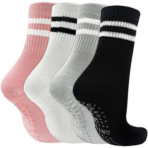 Pilates Socks with Grips for Women, Non Slip Grippy Socks, Soft Yoga & Barre Sock for Athletic Workout Hospital Gym, 4 Paris