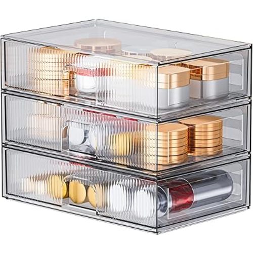 ZHIAI Stackable Storage Drawer, 3 Piece Acrylic Organiser for Cosmetics and Beauty Products, Suitable for Dressers, Bathrooms, Cabinets, Storage Rooms, Bedrooms and Home Organisers