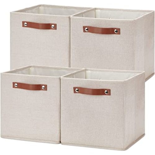 Temary 11x11 Storage Cubes Fabric Storage Cubes Storage Bins with Dual Leather Handles Canvas Storage Boxes for Organizing Home, Shelf, Closet (Beige, 11 x 11 x 11)