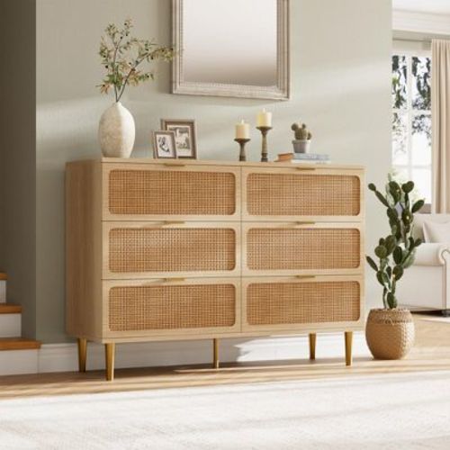 Large 6 Drawer Dresser with Rattan Front, Wide Double Dresser for Bedroom Storage