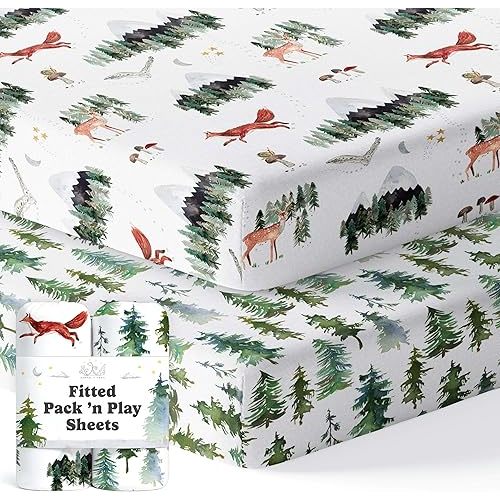 Pack and Play Sheets Fitted, Mini Crib Sheets for Graco Pack N Play Playard (38x26), Ultra Soft Organic Cotton Blend, Safe & Snug Playpen Mattress Sheet for Baby Boys & Girls – Starry Woodland, 2-Pack