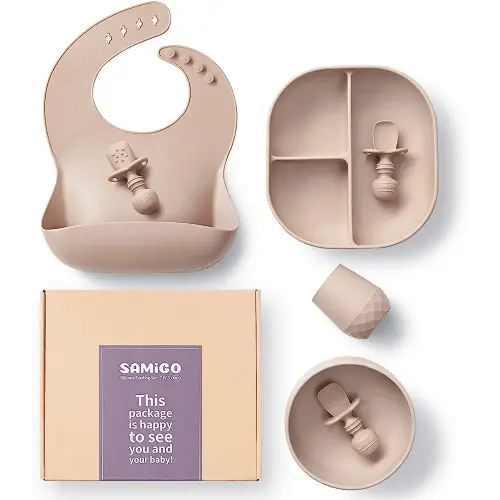SAMiGO Baby Led Weaning Supplies - Silicone Baby Feeding Set - Suction Bowl Divided Plate Bib Cup Self Feeding Spoons - Toddler Baby Dish Set - First Stage Solid Food Eating Utensils - 6+ Months