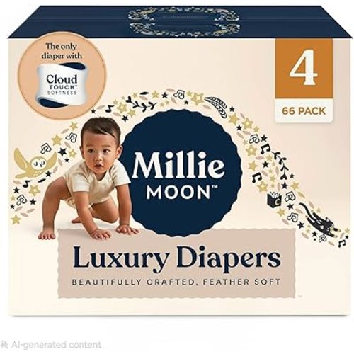 Millie Moon Luxury Diapers – Ultra Soft Cloud Touch Disposable Diapers with 12 Hour Absorbency & Wetness Indicator (4-66ct)