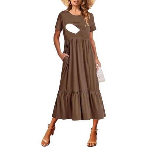 Women Nursing Short Sleeve Crew Neck Fall Dress Maternity Flowy Maxi Dresses Tiered Cocktail Dress with Pockets