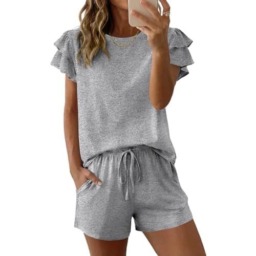 Ekouaer Womens Pajama Sets 2 Piece Ruffle Sleeves Top and Shorts Pjs Soft Sleepwear Cute Loungewear set with Pockets