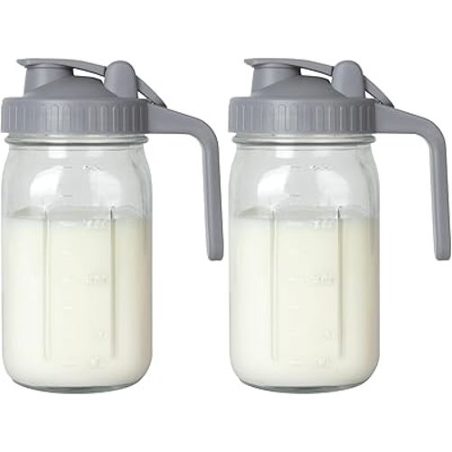 OneDream 2PACK Breast Milk Pitcher 32oz Glass Pitcher with Lid, Leakproof Drip-Free Spout, Breastmilk Storage Pitcher for Fridge