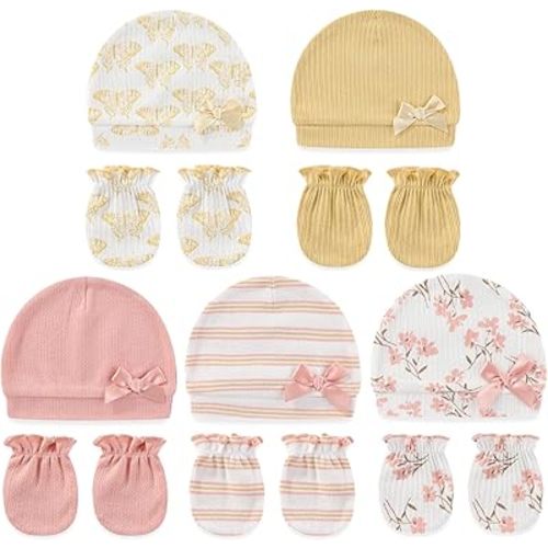 Cute Baby Girl Hats Mittens Set 10-Pack New Born Boy Caps Gloves Suit 0-6 Months Infant Accessories
