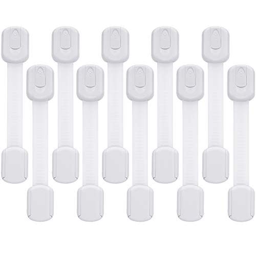 Goodv Child Safety Cabinet Locks - (10 Pack) Baby Proofing Latches to Drawer Door Fridge Oven Toilet Seat Kitchen Cupboard Appliance Trash Can with 3M Adhesive - Adjustable Strap No Drill No Tool