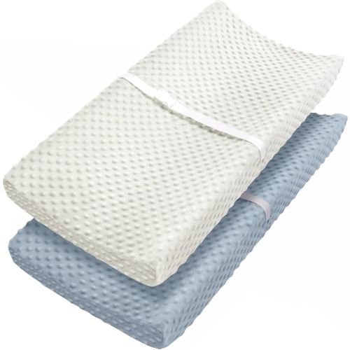 Babebay Changing Pad Cover, Ultra Soft Minky Dots Plush Changing Table Covers for Baby Boys and Girls, Breathable, 2 Pack(Blue Gray & Lily White)