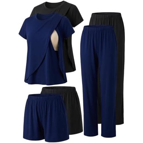Winvote 6 PCS Maternity Pajamas Nursing 2 Set Postpartum Breastfeeding Short Sleeve Shirts, Pregnancy Shorts & Pants
