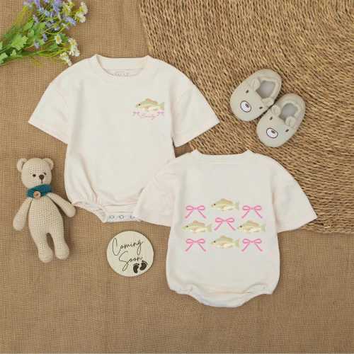 Fishing Bow Baby Girl Romper with Name, Pink Bow Catch of the Day Bodysuit, Custom Baby Outfit for Summer
