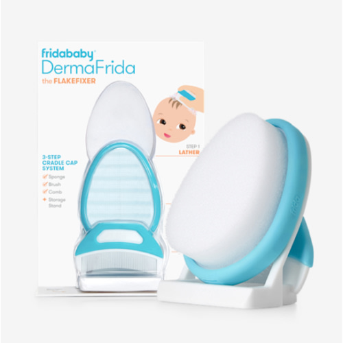 Frida Baby The 3-Step Cradle Cap System, DermaFrida The FlakeFixer, Sponge, Brush, Comb and Storage Stand for Babies with Cradle Cap, White-Blue