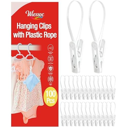 100 Pack Multi Purpose Laundry Hanging Clips with Rope, Heavy Duty Hanger Hooks for Baby Clothes, Pants, Socks, Hats (White)