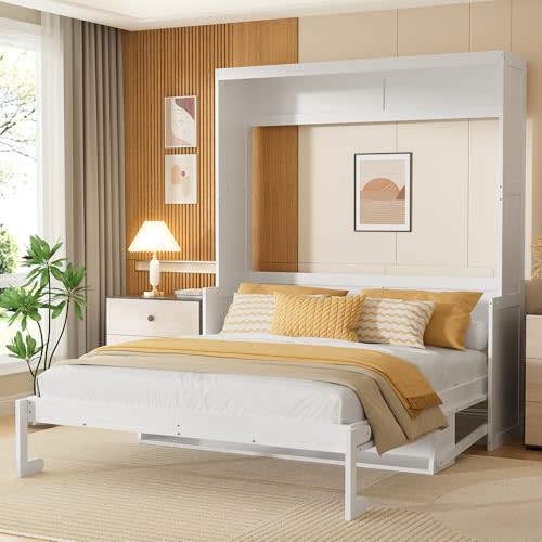 PVWIIK Queen Size Murphy Bed with Storage Shelf & Support Plate for Adult,Girls,Boys,Wood Hidden Wall Bed Cabinet,Space-Saving,No Box Spring Needed, White