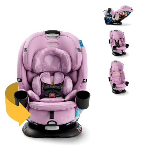 Graco Turn2Me 3-in-1 Rotating Convertible Car Seat, Lilac Mod, Rear-Facing Rotation, Forward-Facing Mode, Highback Booster Up to 100 lbs, Adjustable Headrest & Harness, Steel Reinforced Frame