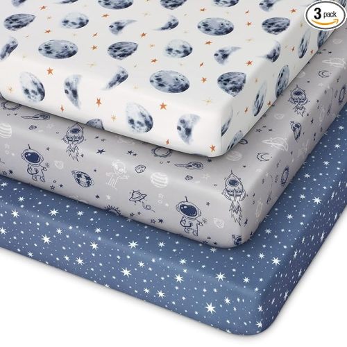 Unnivoll Pack and Play Sheets Fitted 3 Pack, Mini Crib Sheets for Pack N Play Mattress Stretchy Portable Playard Sheets, Soft Breathable Grey & Blue Moon