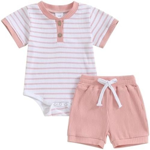 Newborn Baby Boy Girl Clothes Set Ribbed Short Sleeve Striped Romper Top Solid Color Shorts Sets 2Pcs Summer Outfits