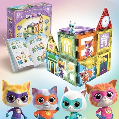 Tytan Official Disney Junior SuperKitties Magnetic Tile Set – 17-Piece STEAM Building Toy with Glitter & Printed Tiles, Reusable Stickers, Storage Bag & Instruction Manual – Ages 3+