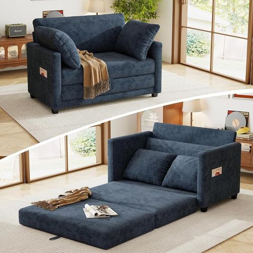 51" Loveseat Sleeper Sofa Bed, Chenille Convertible Floor Sofa Bed for Small Spaces, Folding Couch Bed with Deep Seat, 2 Pillows & Solid Frame, Pull Out Floor Couch for Living Room, Blue