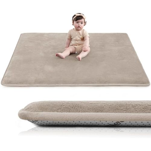 Baby Play Mat for Floor,1.3" Thick Elasti-Foam 50"×50" Playpen Mat for Tummy Time,Water Repellent Soft Coral Velvet for Toddler,Infant,Kids,Non-Slip Backing Safe for Crawling(Beige)