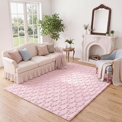 Pink Bow Rectangle Rug Fleece 3D Circle Rug for Living Room Washable Soft Carpet Decor for Bedroom Nursery Playroom