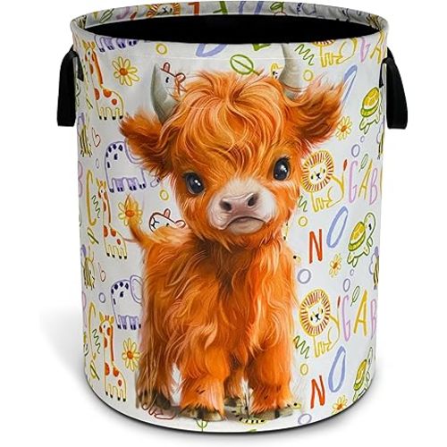 Cute Highland Cow Laundry Basket Calf Foldable Waterproof Oxford Cloth Funny Tote Bag Laundry Hamper Clothes Storage Bucket Toy Organizer For Bathroom/Laundry Storage/Bedroom 18.9x16.5 Inch