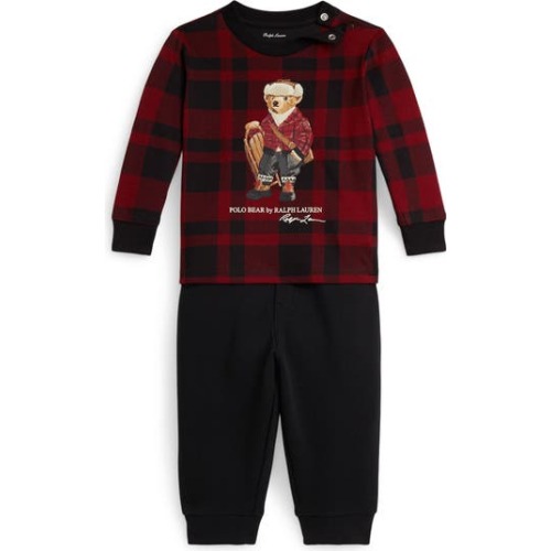 Polo Bear Plaid Long Sleeve T-Shirt & Fleece Pants Set, 3M