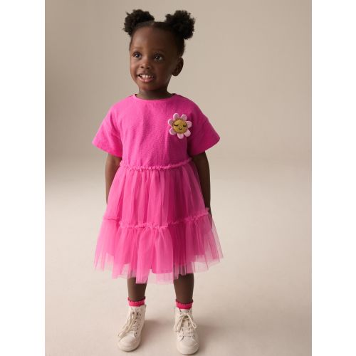 Bright Pink Character Short Sleeve Mesh Dress (3mths-7yrs)