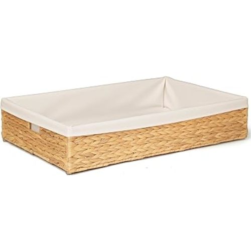 Under Bed Storage Hand Woven Water Hyacinth Underbed Storage Basket for Bedroom, Underbed Storage Basket with Liner, Large Wicker Bed Storage Bin Fits Under Bed (30.7″×19.7″×6.3″, 60L)