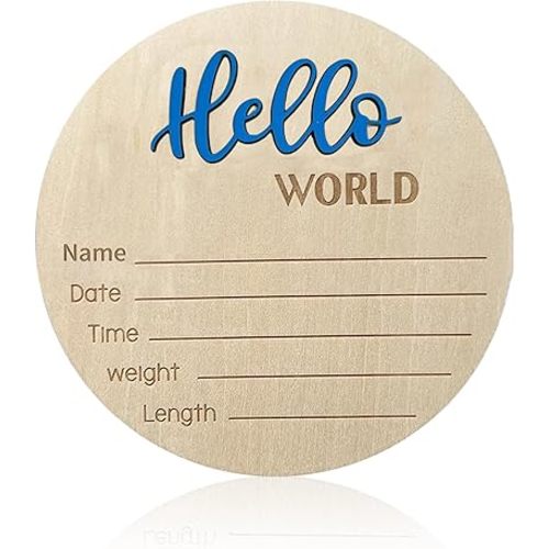 Baby Announcement Sign, 5.9 Inch Wooden Hello World Newborn Signs, Birth Announcement Sign, Baby Shower Hospital Nursery for Newborn Boys and Girls… (Blue)