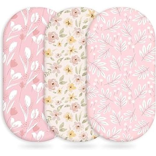 Baby Bassinet Sheets Girl Boy, Fitted Bassinet Sheet Set 3 Pack Bassinet Mattress Sheets Universal Fit for Rectangle, Round, Oval, Hourglass Mattress, Soft Breathable Pink Flowers & Leaf