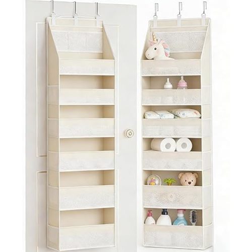 Over The Door Organizer, 6-Shelf Closet Hanging Storage with 13 Mesh Pockets, 55lbs Capacity Behind The Door Storage for Baby Nursery, Bathroom, Bedroom, and Dorm, Beige
