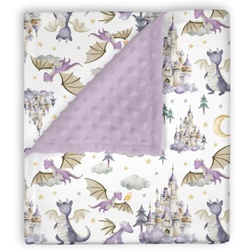Mink Baby Girls Blankets Cute Purple Dragon Tale, Whimsical Castle Moon Cloud Star Soft Double Layer Dotted Backing Receiving Swaddle, Newborn Infant Toddler Nursery Crib Bedding 30 x 40