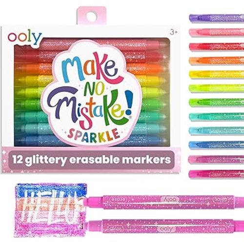 Ooly Make No Mistake Glittery Erasable Markers, 12 Stress and Mess Free Sparkle Markers You Can Erase, Colorful Supplies for Any Arts & Crafts