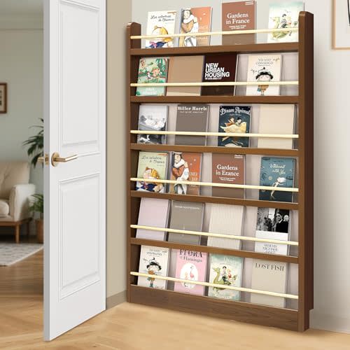 6-Tier Kids Bookshelf - Wall Bookcase for Children‘s Books & Toys，Fits Bedroom, Study, Living Room，27.6x3.9x70.1in, Walnut Color