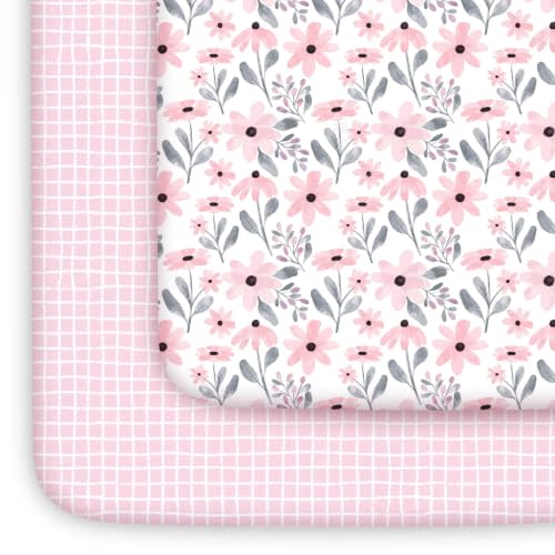 Yoofoss 2-Pack Pack and Play Sheets Fitted 38x26 (Gingham+Pink) | Ultra Soft & Breathable, Mini Crib Sheets for Playard and Pack n Play Mattress