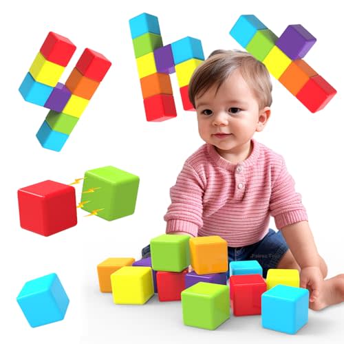 Magnetic Building Blocks Large, 1.65 inch Stacking Cubes for Toddlers | Sensory & Montessori Toys for Boys & Girls 1 2 3 Years Old, Toddler Travel Toys, Magnet Toys for Kids Birthday Gifts (12 PCS)