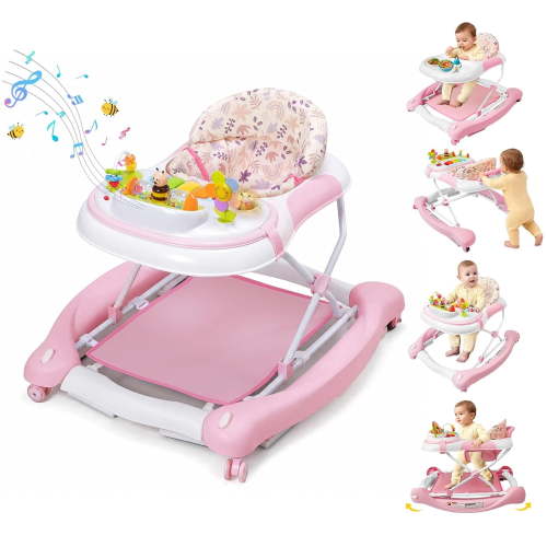 PRVAETU, Baby Walker, 5 in 1, Foldable, Pink Flower
