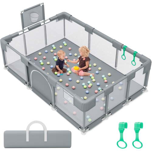 TEAYINGDE XL Baby Playpen, 71 Inch Playard with Hoop, Breathable Mesh, Indoor/Outdoor, Gray