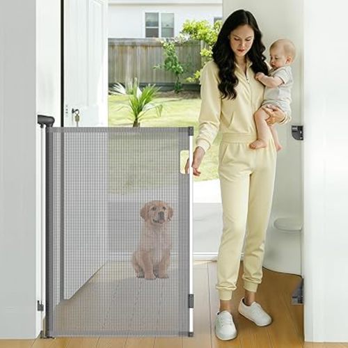 Retractable Baby Gate, 38" Extra Tall Mesh Dog Gate with Auto-Tension Design, 71" Wide One-Hand Operation Doorway Gates for Pets & Babies, No Bottom Rail Safety Gate for Hallways, Gray