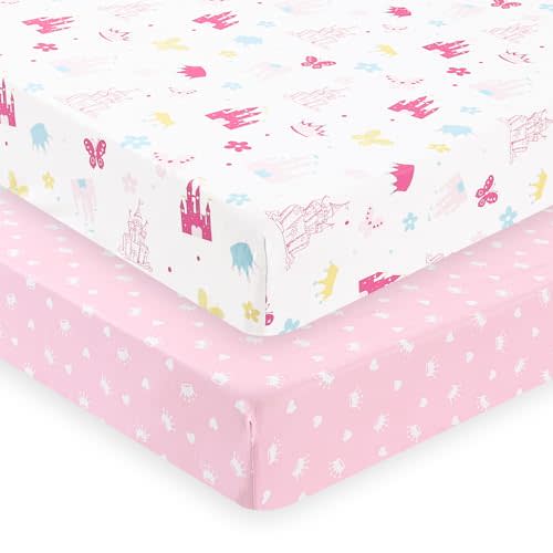 PHF Soft Crib Sheet Fitted, 2 Pack Baby Sheets for Boys Girls, 28x52x9in Fits Standard Crib and Toddler Mattresses, Silky Comfy Breathable Polyester Baby Mattress Sheets, Castle