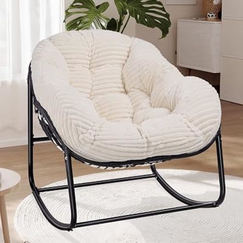 Indoor Rocking Chair, Oversized Outdoor Lounge Chair with Thick Corduroy Cushion & Straps, Wicker Modern Comfy Rocker Egg Chair for Living Room, Bedroom, Porch and Courtyard, Beige